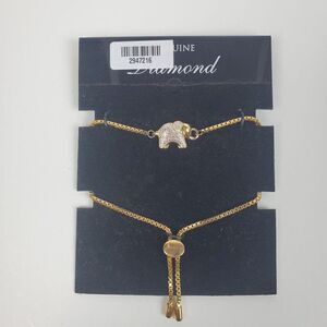 PAJ BR Genuine Diamond Chip Elephant Gold Tone Box Chain Adjustable Bracelet
